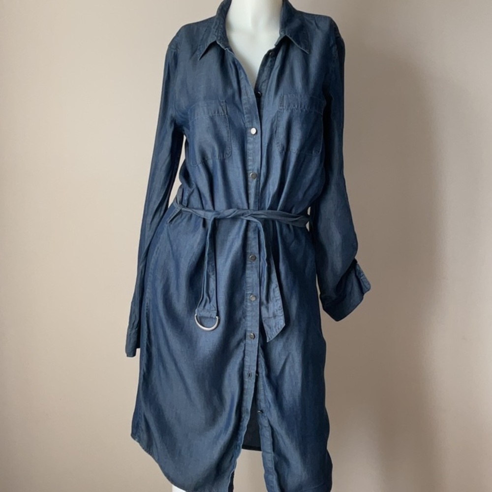 Button-Front Chambray Shirt Dress in Navy - Picture 2 of 10